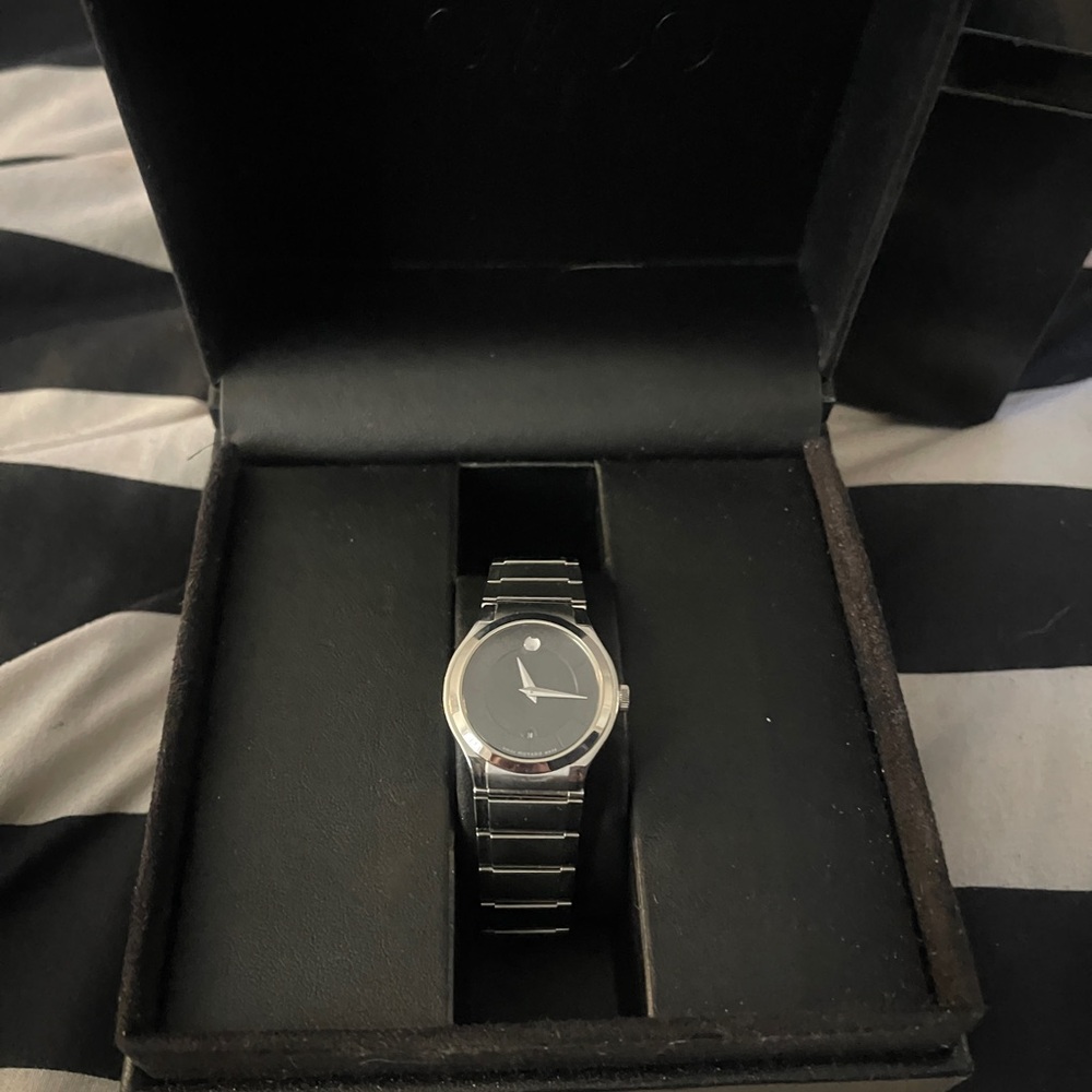 Movado Black and Silver Modern Watch with Minimalist Design